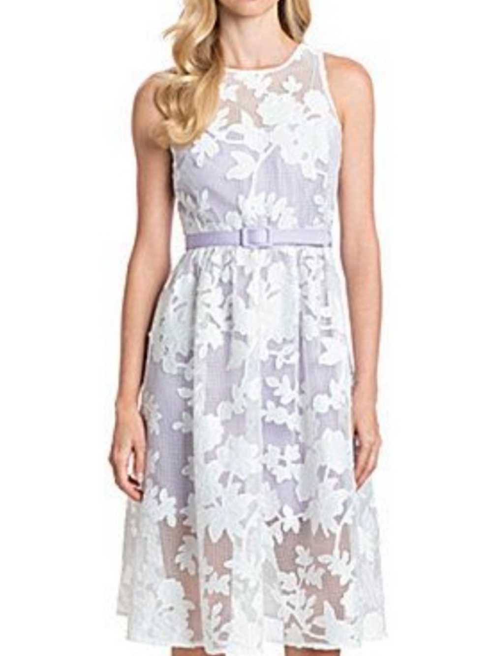Belle Badgley Mischka Nastia Dress Size 8 White Purple Lace Floral Appliqué NWT